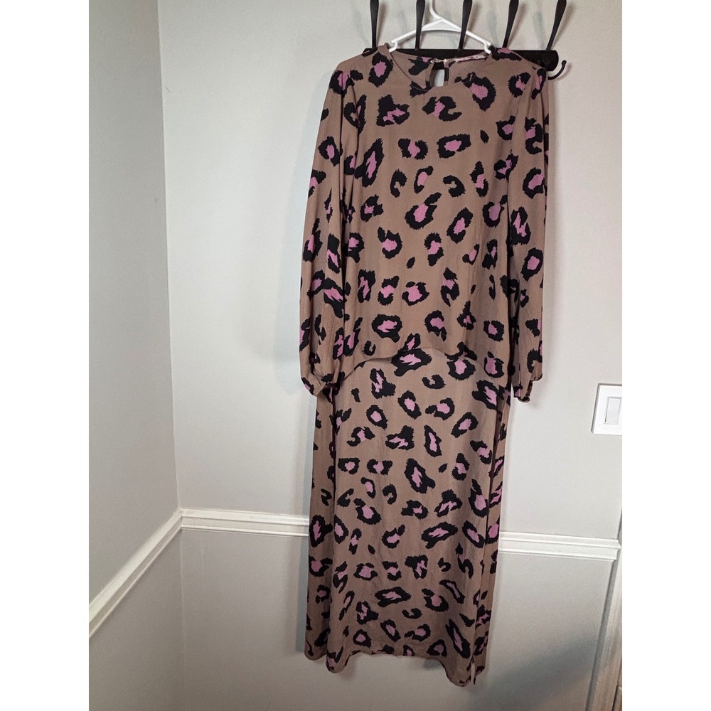 BuddyLove Womens Leopard Print Maxi Dress Pink Tan Black Long Sleeve Large
